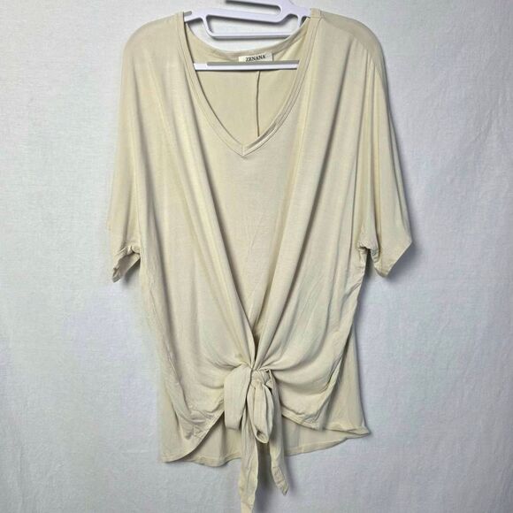 Zenana Cream Tie Front V-Neck Top S - Picture 1 of 5